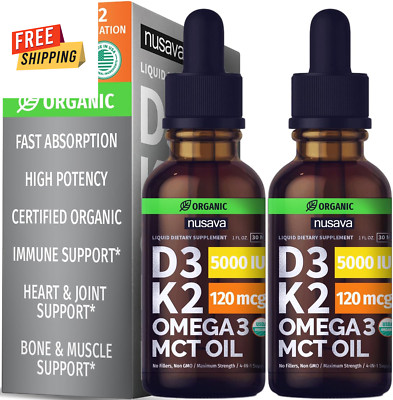 Organic Vitamin D3 K2 Drops - Maximum Strength 5000 IU - (2 Pack) Non-GMO Liquid