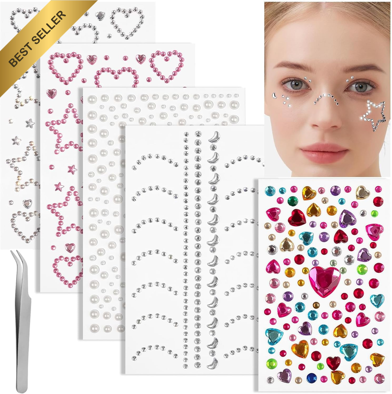 Face Gems Rhinestones Self-Adhesive Jewels Pearls Punk Style Waterproof Rave Par