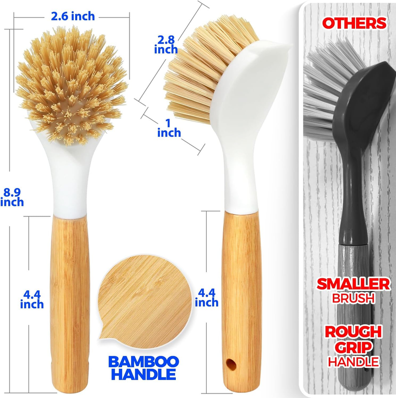 3 Pack Dish Brush Set with Bamboo Handle, Kitchen Scrub Brush for Cleaning Dish,