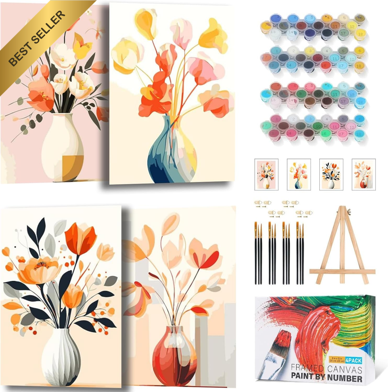4 Packs Framed Paint by Numbers Kit for Adults Beginner, Fowers Paint by Numbers