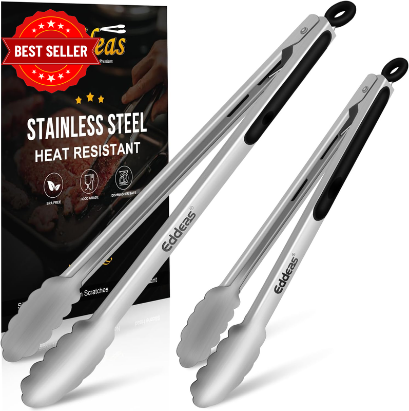 Grill Tongs, 12" and 17 Inch Extra Long Kitchen Tongs, Heat Resistant 600 Degree