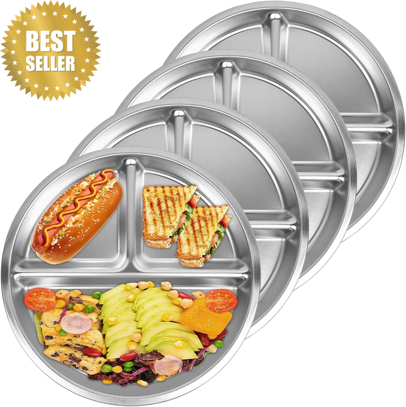 4 Pack Stainless Steel Kids Plates, Portion Control Platter with 3-Compartment,