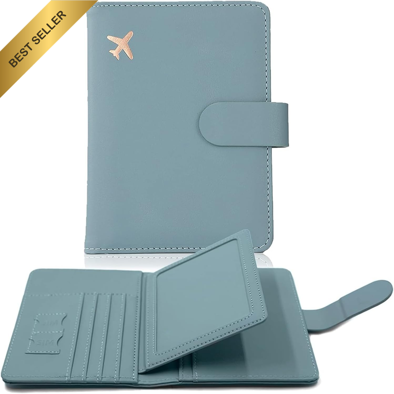 RFID Blue Leather Passport Holder Travel Wallet Set Luggage Tags Case
