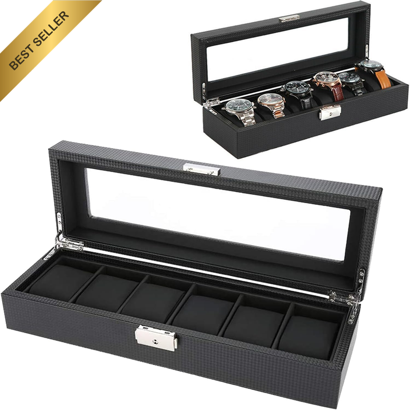 6 Grids 6 Slot Watch Box for Men with Glass Lid Watch Organizer PU Leather Gift 