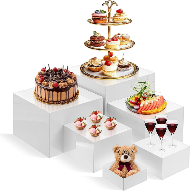 6PCS Acrylic Cubes Riser Hollow Bottom, White Food Risers for Buffet Table, Glos