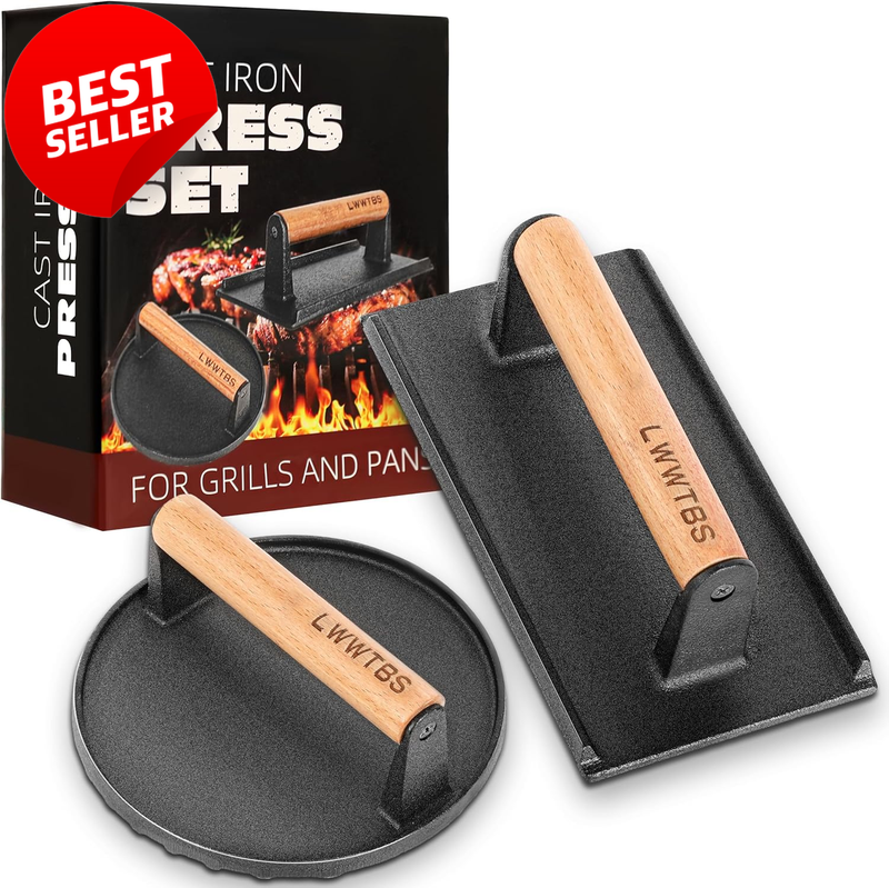 Cast Iron Burger Press Set Round Rectangle Steak Weight Wood Handle Griddle - US