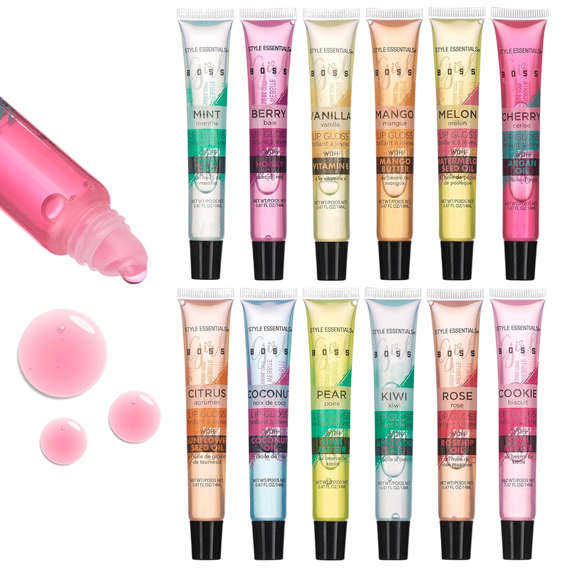 12pc Lip Oil Gloss Set Essential Oils Vitamin E 12 Flavors Non-Toxic Gift Girls