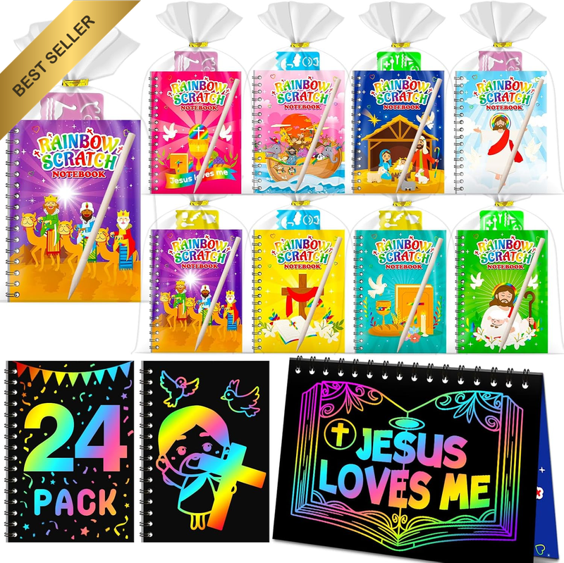 Party Favors for Kids: 24 Pack Christian Rainbow Scratch Art Notebook Students C