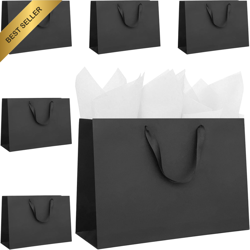 6 Pack Extra Large Gift Bags, 40 X 28 X 12Cm Black Paper Bag with Handle Large B