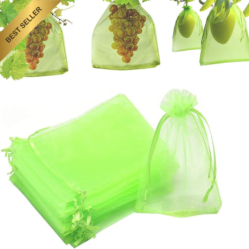 50PCS Fruit Protection Bags with Drawstring – 15X20Cm Green Organza Mesh Netting