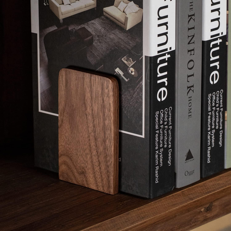 Walnut Bookends for Shelves, Wooden Book Ends for Bookshelf, Non-Skid Bookends f