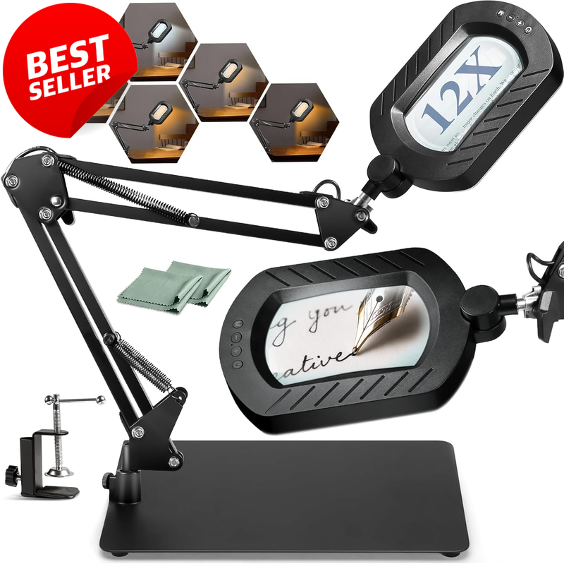 12X Square Magnifying Glass Lamp 144 LED 5 Color Modes Stand - US