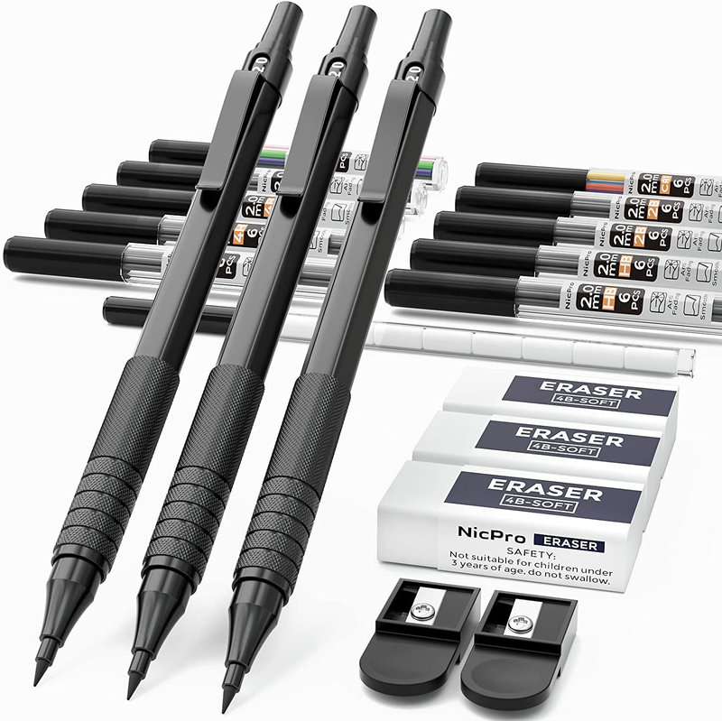 Nicpro Black Metal 2.0 Mechanical Pencil Set with Case, 3 PCS Drafting Lead Hold