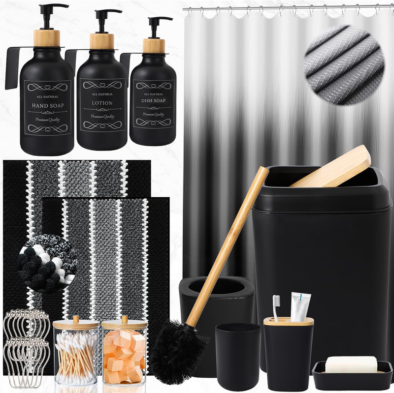 34PCS Black Bathroom Accessories Sets Complete, with Shower Curtain, Rugs, Trash Can and Toilet Brush, 3PCS 17Oz Soap Dispenser Wall Mounted, Toothbrush Holder and Cup, Soap Dish, Qtip Holder