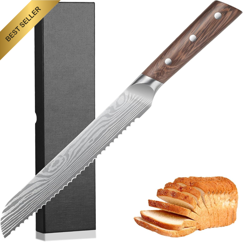 Bread Knife 8-Inch Professional Serrated Edge and Full Tang Kitchen Knife, Comfo
