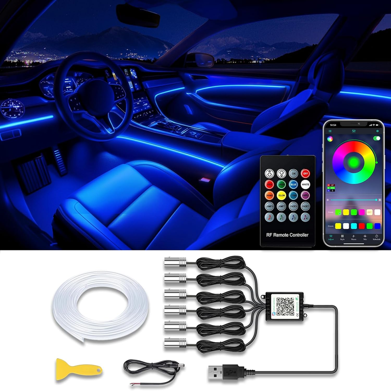 Car LED Strip Lights, USB Interior Ambient Lighting Kits with Wireless APP and R