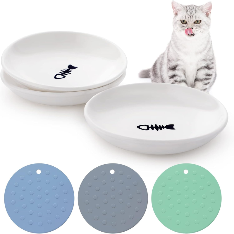 Ceramic Cat Food Plate Wide Shallow Bowl Whisker Fatigue Non-Slip Mat