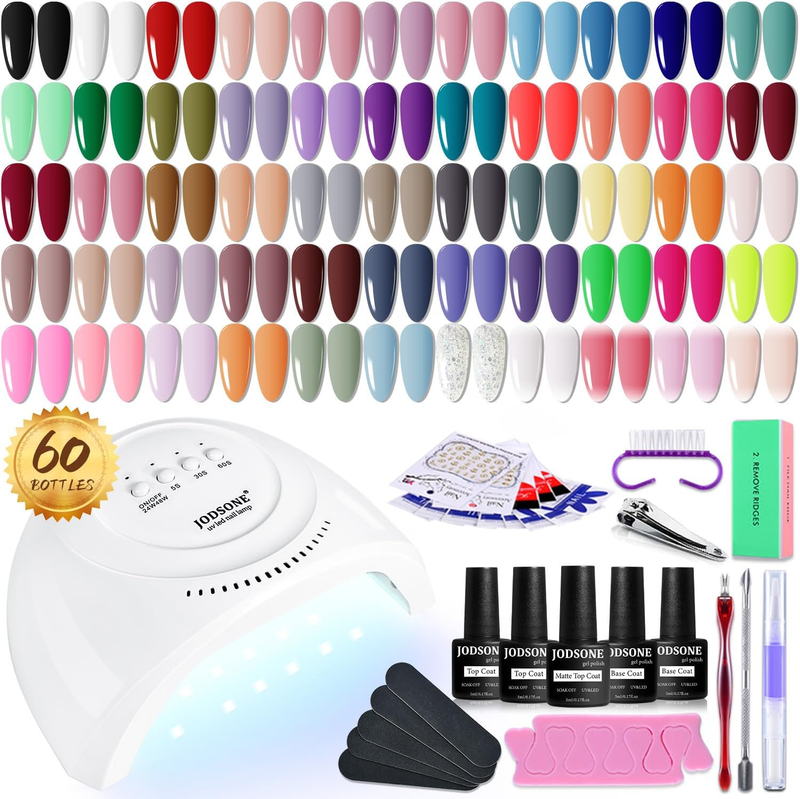 60 PCS Gel Nail Polish Kit with U V Light Base and Matte Glossy Top Coat Nail Ge