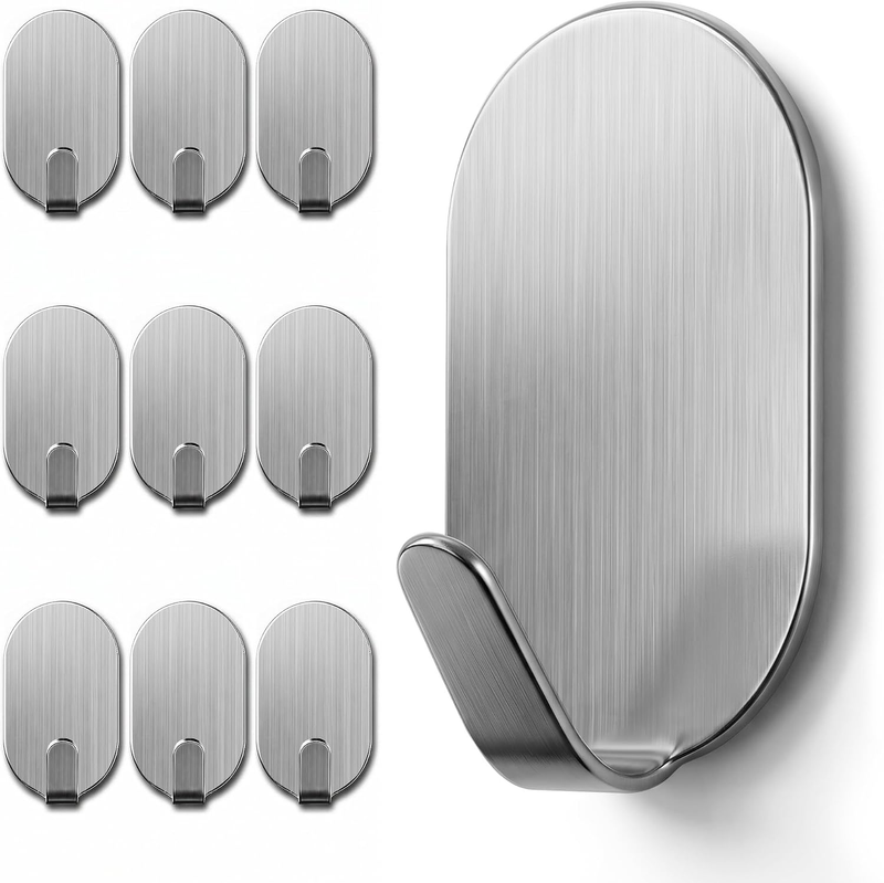 Self Adhesive Hooks, 10 Pack Stainless Steel Wall Hooks Stick on Heavy Duty, No