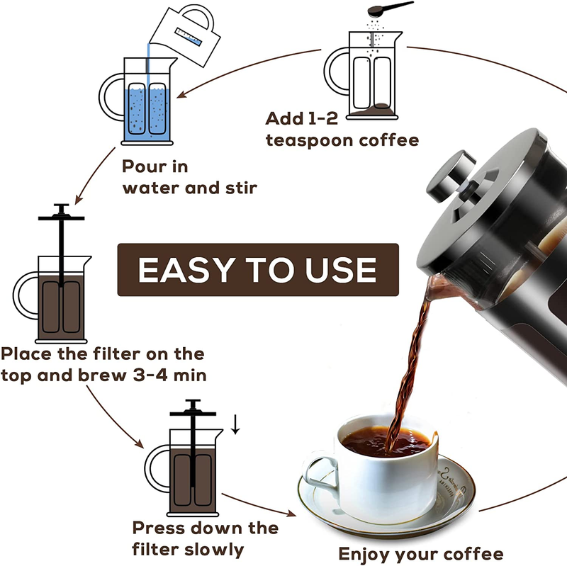 French Press Coffee Maker 12 Ounce Stainless Steel with Borosilicate Glass Heat
