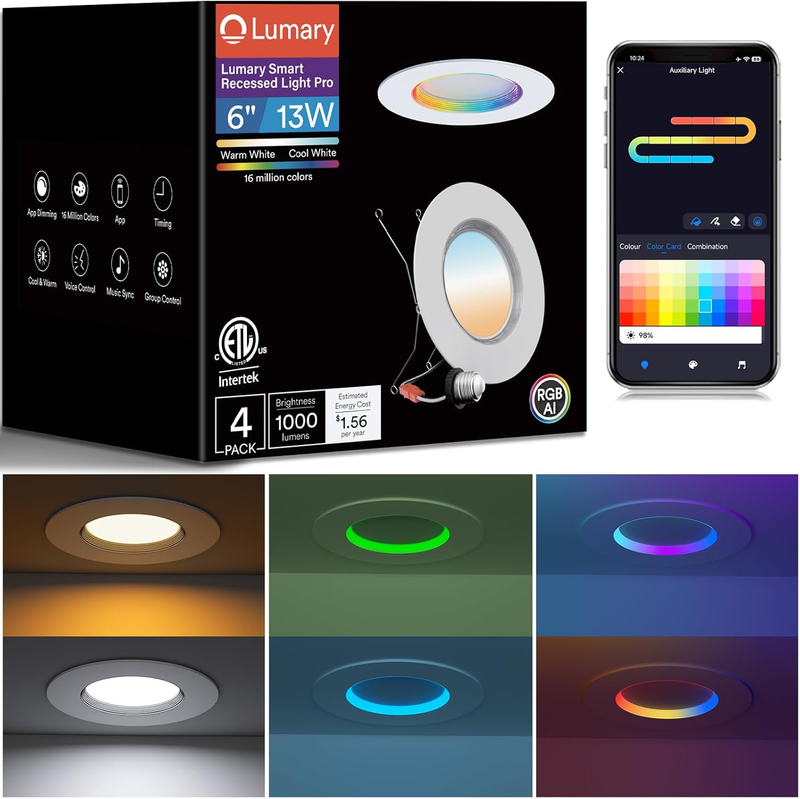 Smart Retrofit LED Recessed Lighting 5/6 Inch W/Color Ring, RGBAI Retrofit Can Light W/Anti-Dazzle, Wi-Fi Bluetooth Connect, 66 Scene Mode, Work with Alexa Google, CRI 90 ETL 1000Lm, 4 Pack