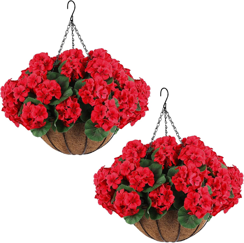 2 Set Artificial Outdoor Geraniums Flowers with Hanging Basket, 2 Hanging Planters with 12 Pcs Red Geranium Flowers for Spring Summer Front Porch Garden Patio Home Decor (2, Red)