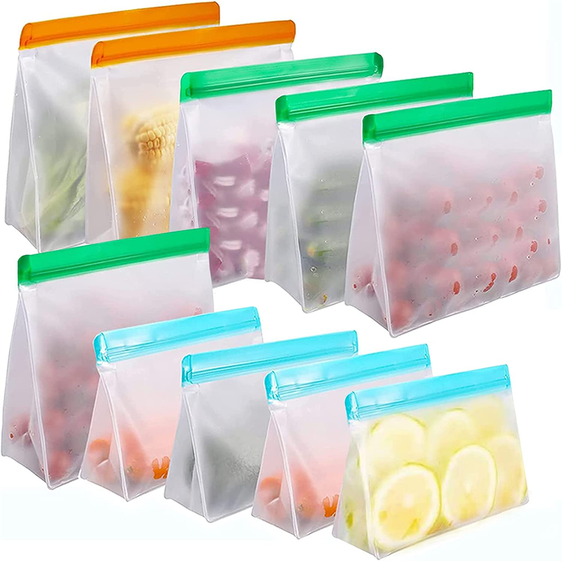Reusable Food Storage Bags 10 Pack - Stand up Leakproof Bags for Kitchen, 2 Gall