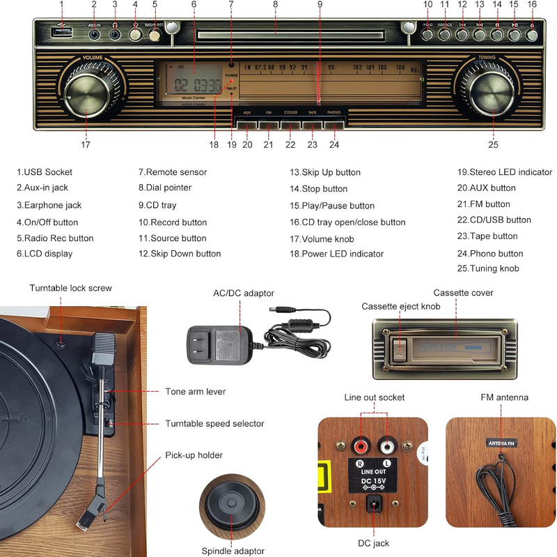 Record Player Vinyl Turntable Stereo Bookshelf Speakers Vintage Hi-Fi System