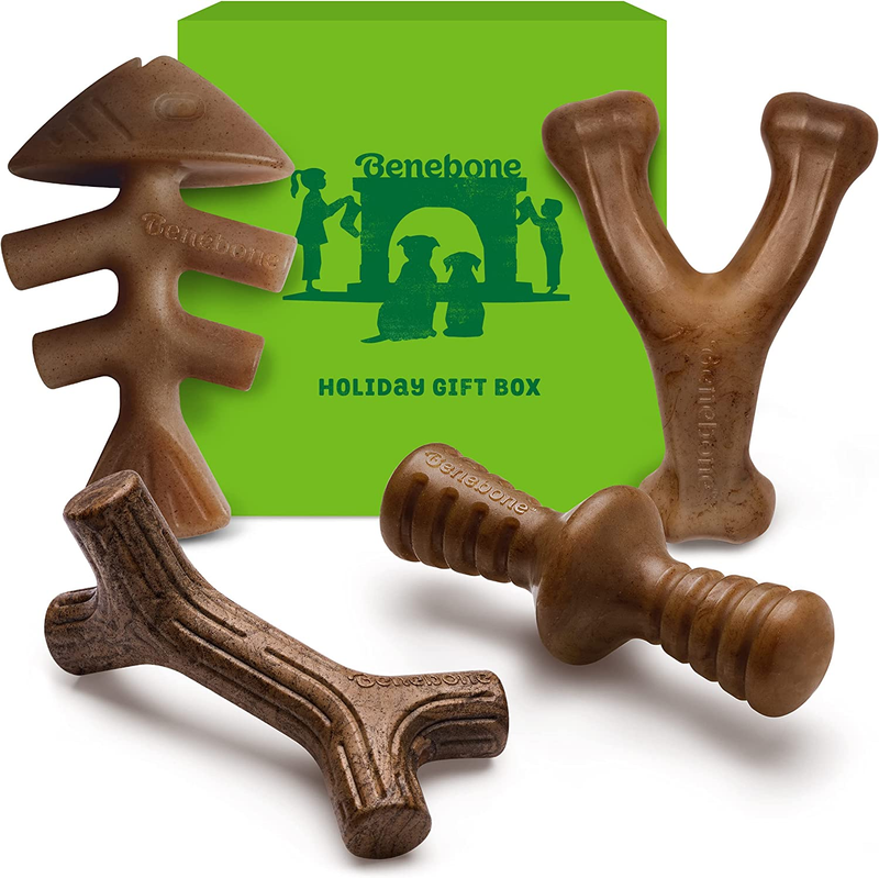 Benebone Small Holiday 4-Pack Dog Chew Toys for Aggressive Chewers, Made in USA,