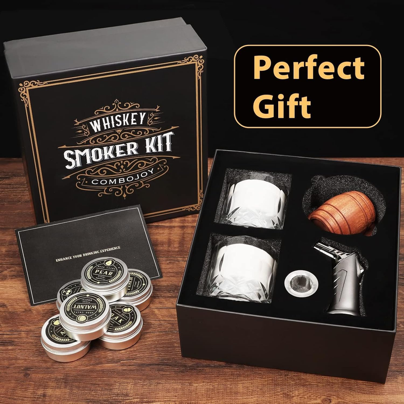 Whiskey Smoker Kit with Torch - 6 Flavors Wood Chips, 2 Glasses, 2 Ice Ball Mold