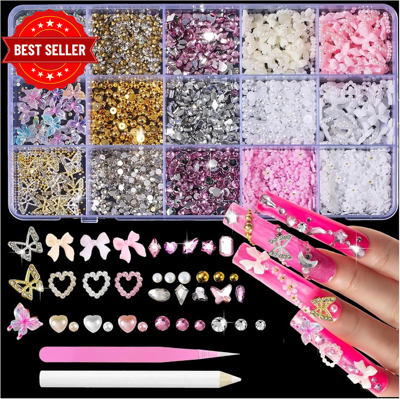 3000+ Pcs Nail Art Rhinestones & 3D Charms Kit, Mixed Resin Butterflies Flowers