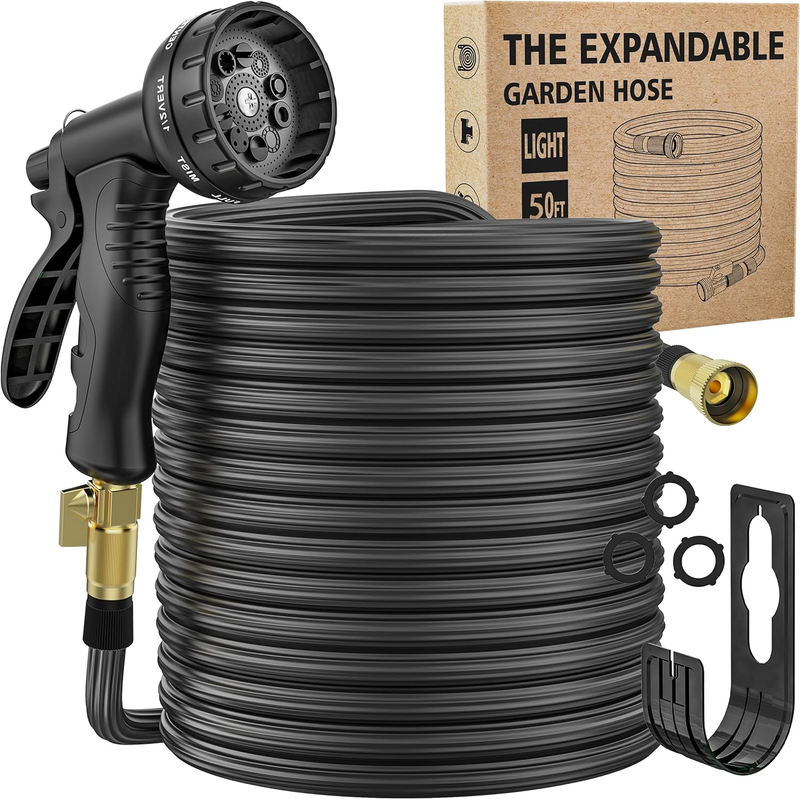 50Ft Expandable Garden Hose with 10 Function Spray Nozzle, 3/4Anti Leak Connecto