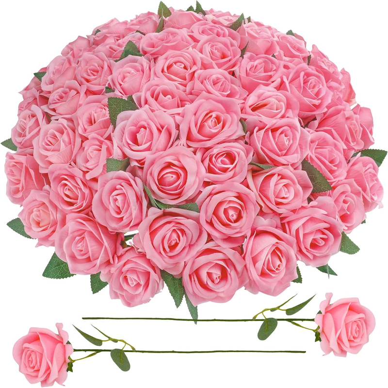 90 Pcs Pink Velvet Rose Artificial Flowers with Long Stems, Fake Silk Roses Real Touch Fake Roses Florals for Birthday Wedding Bouquet Party Arrangement Decorations