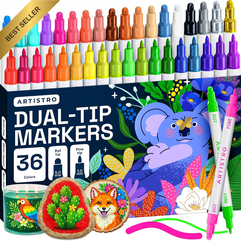 36 Colors Acrylic Paint Pens, Dual Tip (Fine 1Mm + Dot 5Mm), Acrylic Markers for