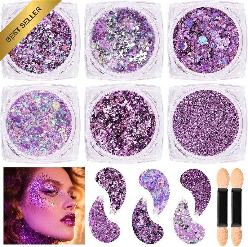 Face Glitter Gel, Purple Body and Hair Glitter Gel Mermaid Makeup, 6 Shapes Spar