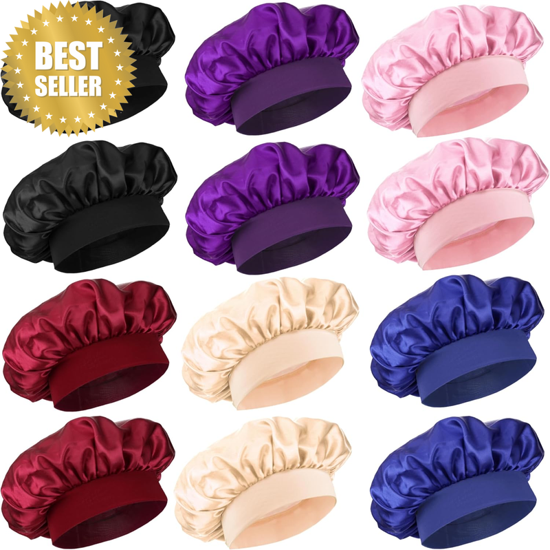 12 Pieces Silk Bonnet for Women Curly Hair Satin Bonnet Hair Wrap for Sleeping C