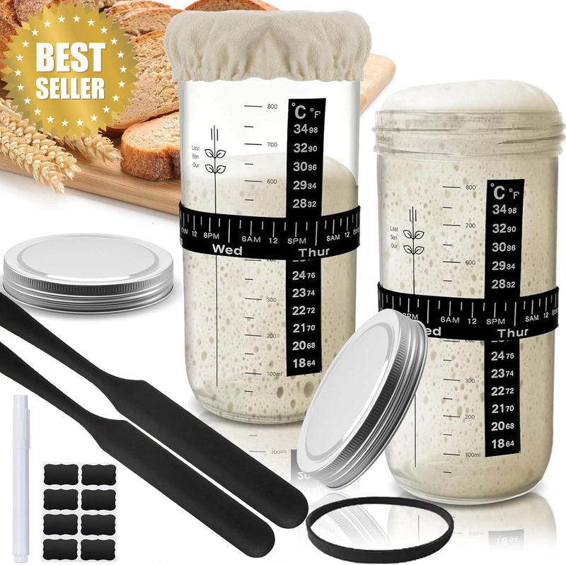 Sourdough Starter Jars Kit,1000Ml Wide Mouth Glass Sourdough Jar Kit,Pro Sourdou