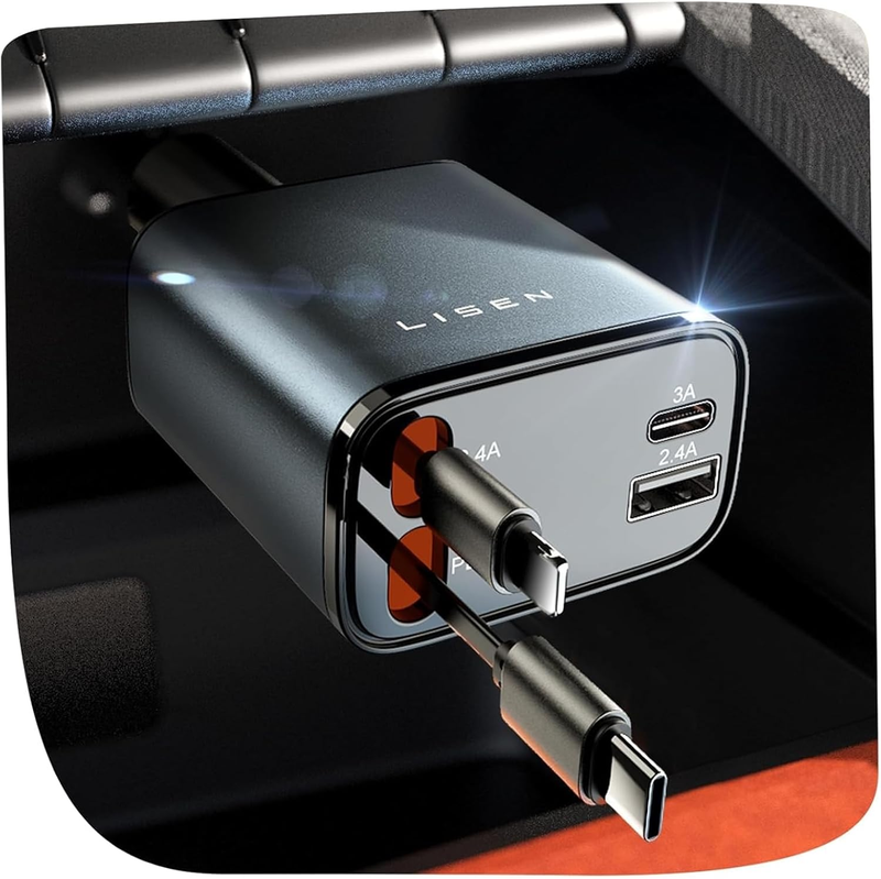 Retractable Car Charger, 69W USB C Car Accessories Adapter Fast Charging, Teache