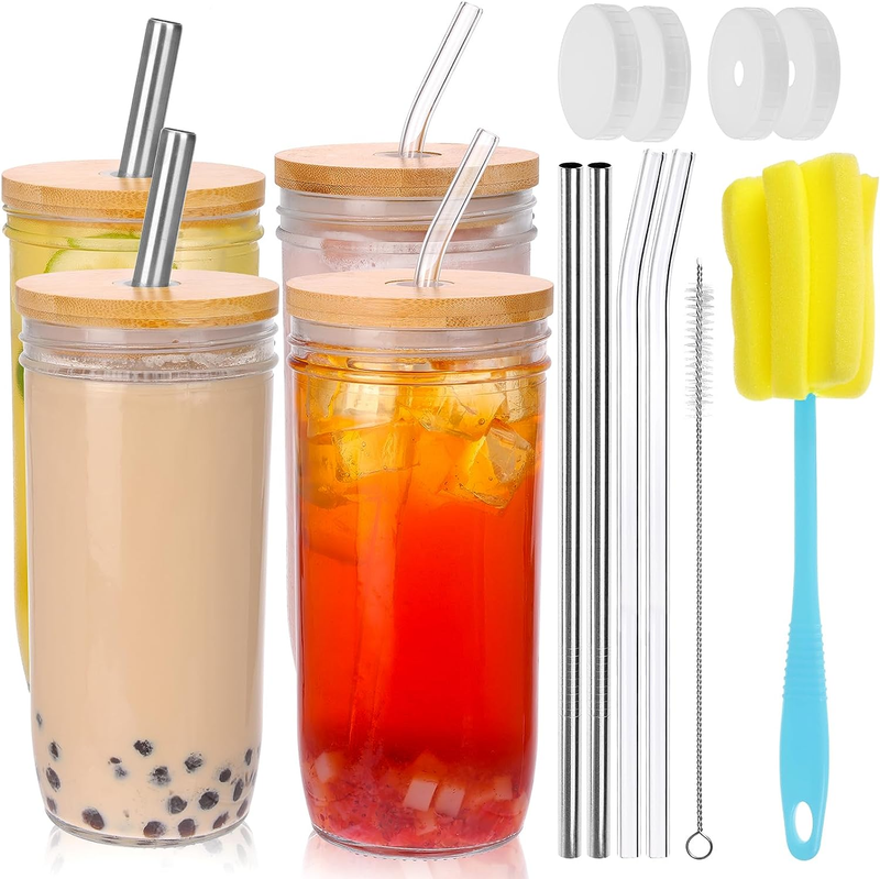 Glass Cups With Lids And Straws Tumbler Glasses Set Drinking
