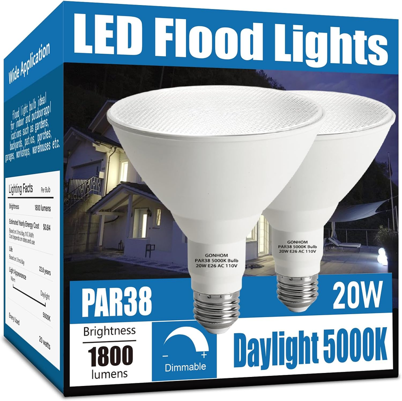 Par38 LED Flood Light Bulbs Outdoor 2 Pack, Dimmable 5000K Daylight, 20W Replace