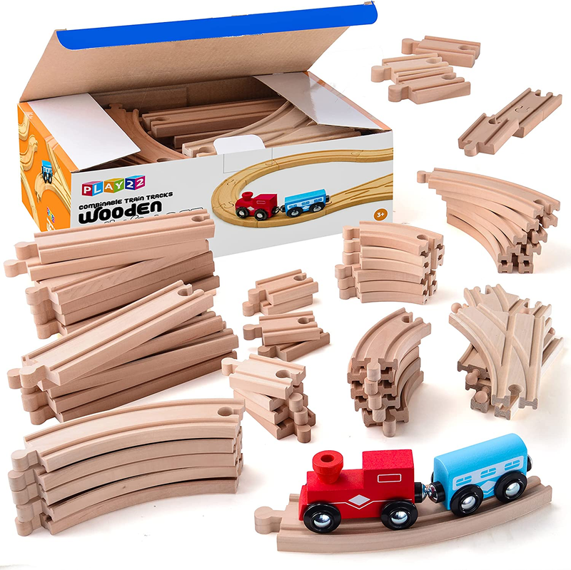 Wooden Train Tracks 52 PCS Wooden Train Set + 2 Bonus Toy Trains Train Sets Kids