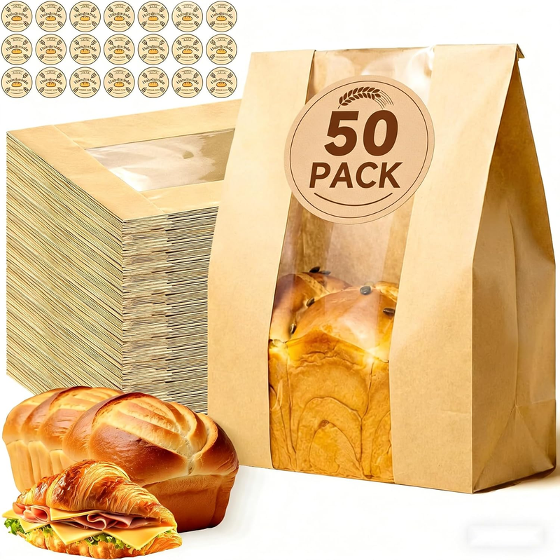 50Pcs Bread Bags for Homemade Bread with Clear Window & 50 Stickers, Sourdough B