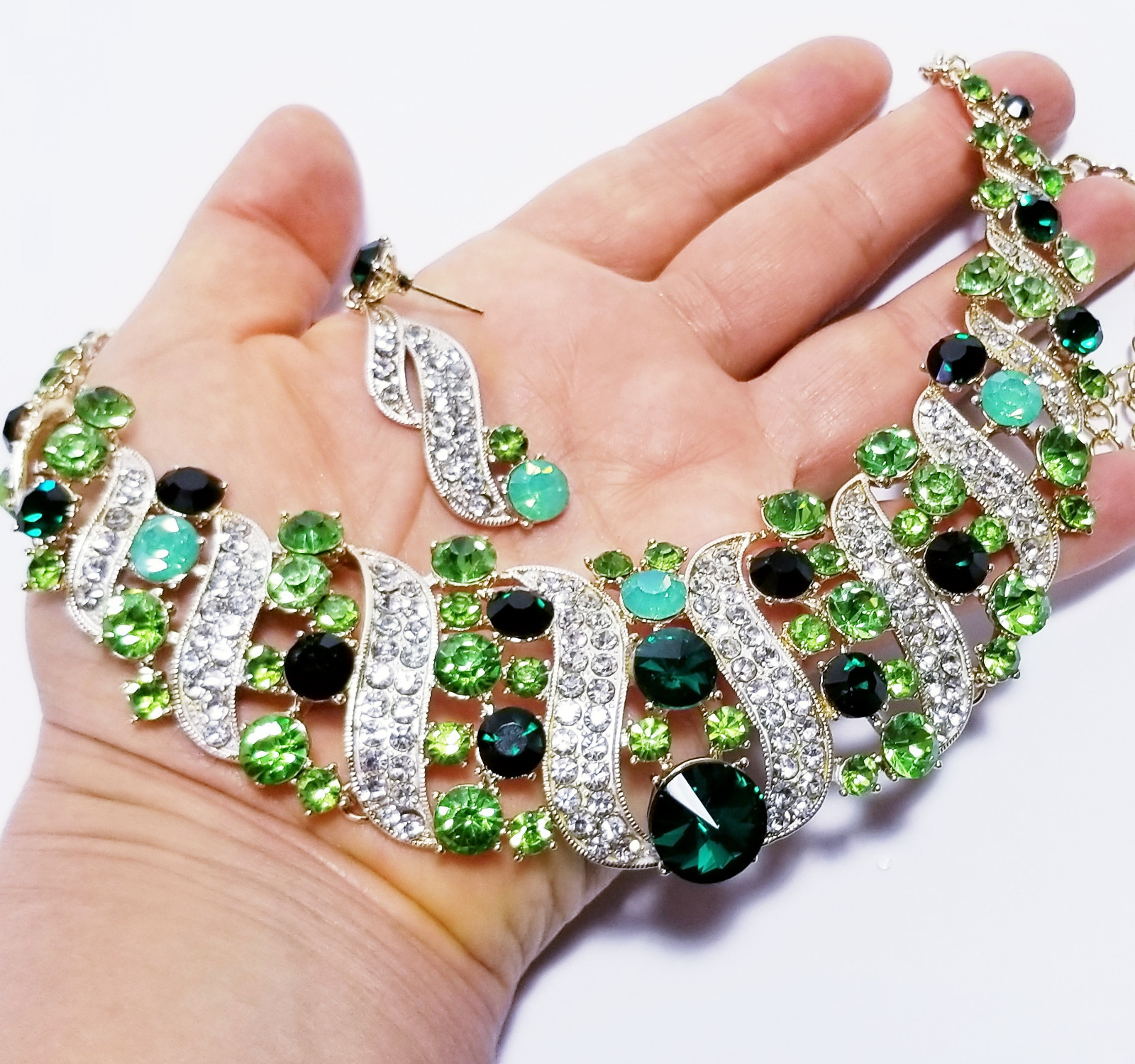 Green Rhinestone Austrian Crystal Choker Necklace Earrings Pageant Prom Bridal