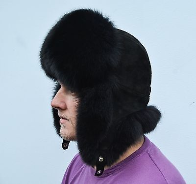 Saga Furs Jet Black Fox Fur, Black Suede Leather Men's Aviator Furry Hat