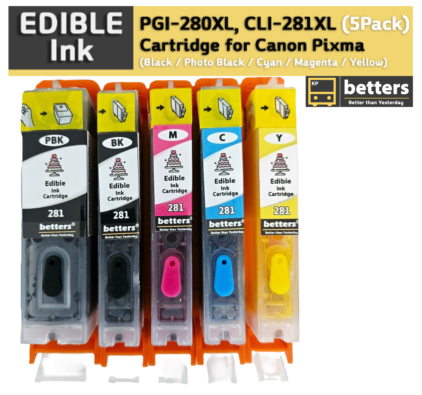 EDIBLE Ink PGI-280XL / CLI-281XL, CAKE ink cartridges  for Canon Pixma  (5-pack)