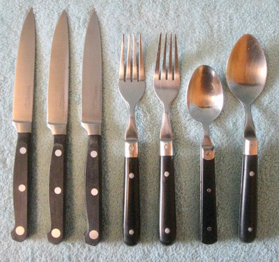 7 Pieces Tableware FORGED FARBERWARE KNIVES; MARDI GRAS SPOONS & FORKS; Black