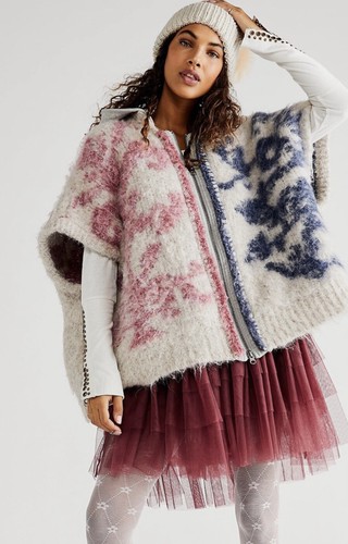 

Free People Rare Thing Пончо с капюшоном Нечеткая молния с напуском Красный цвет слоновой кости Синий  НОВИНКА, Blue red white, Free People Rare Thing Poncho