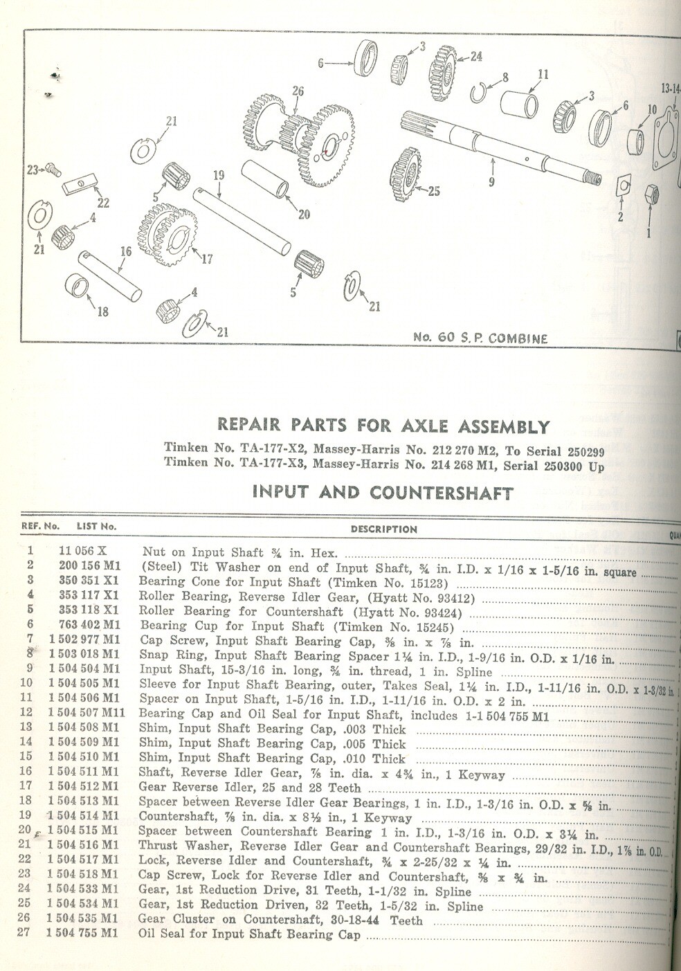 1957 MASSEY HARRIS # 60 SP Self Propelled COMBINE -Illustrated Repair Parts List