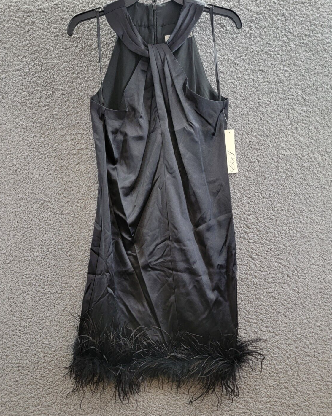Eliza J Twist-Neck Feather-Trim Shift Dress Women's 6 Black Back Zip Closure - Picture 2 of 16