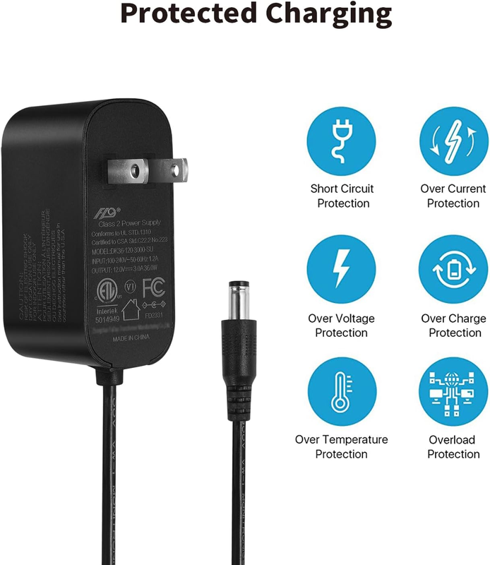 12V 3A Power Supply, 36W AC/DC Charger w/8Tips, AC 100V-240V to DC 12Volt 3A 2.8